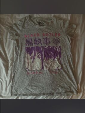 Black Butler Graphic Tee in Heather Gray with Purple Print